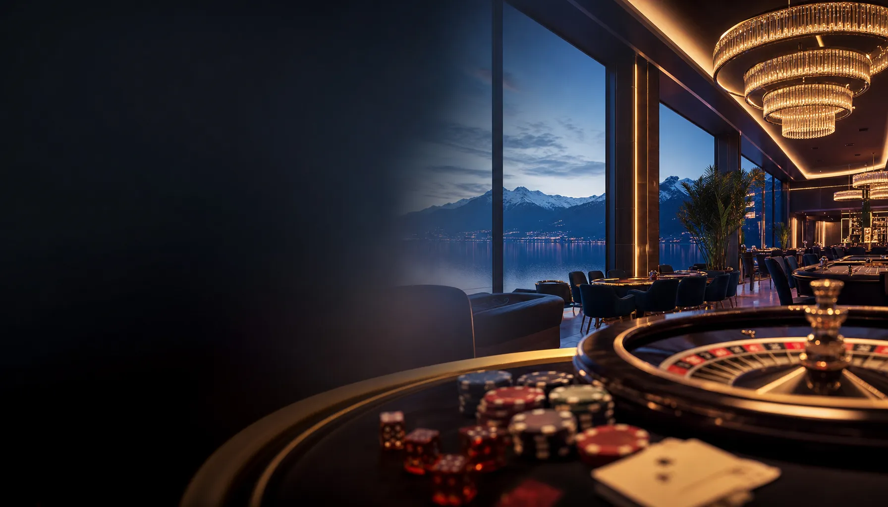 Luxurious cinematic casino environment with golden chips, cards and roulette wheel in warm amber and deep black tones for Wet