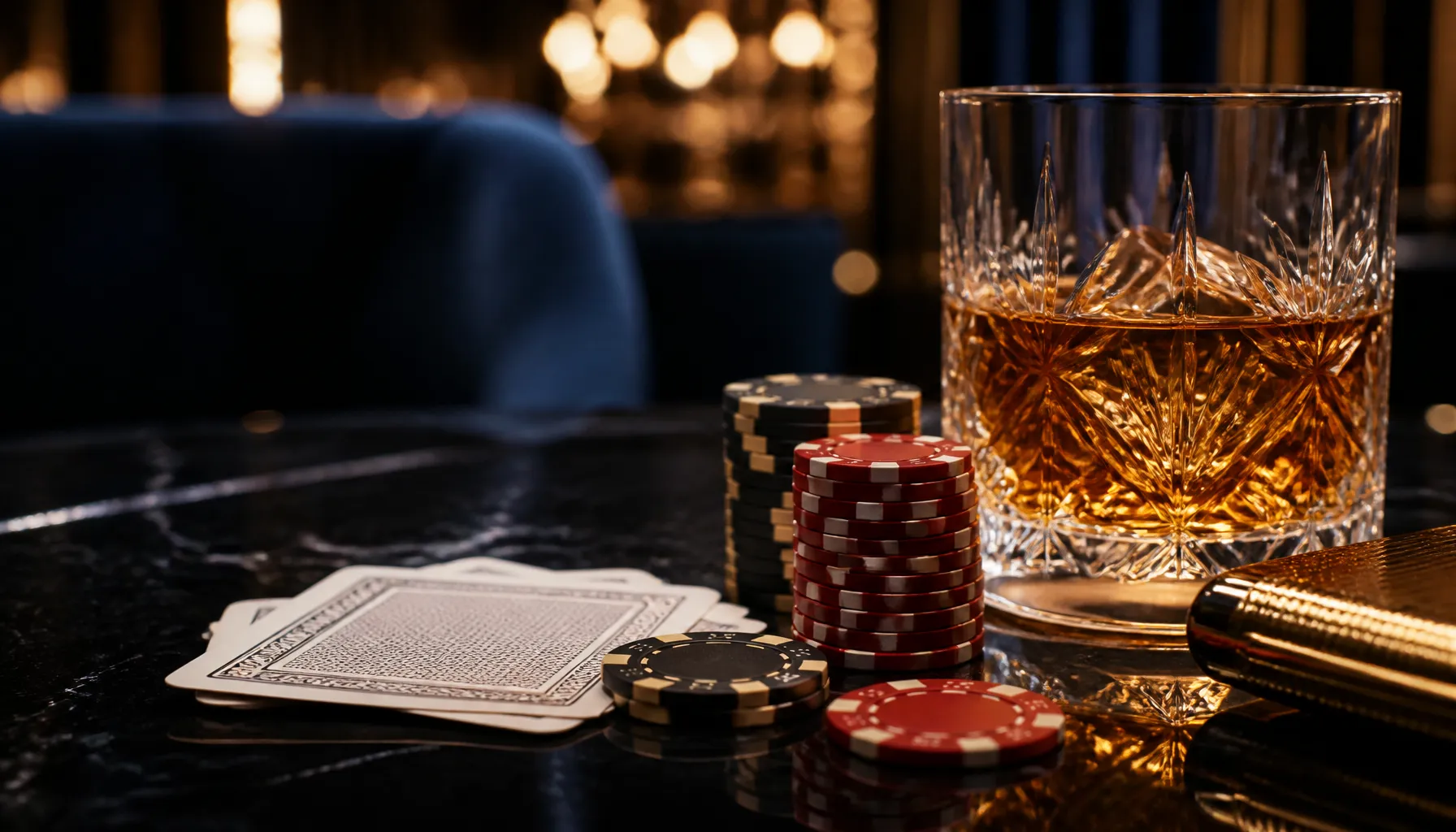 Close-up of gleaming gold dice resting on deep emerald velvet surface under warm cinematic light